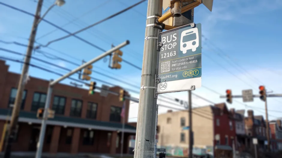 The 56 bus stop across Second Avenue from the Hazelwood Healthy Active Living Center at Mansion Street. Lincoln Place resident Tom Weber rides the 56 bus from the stop near his home to most of the places he has to go, including the Healthy Active Living Center. Photo by Juliet Martinez